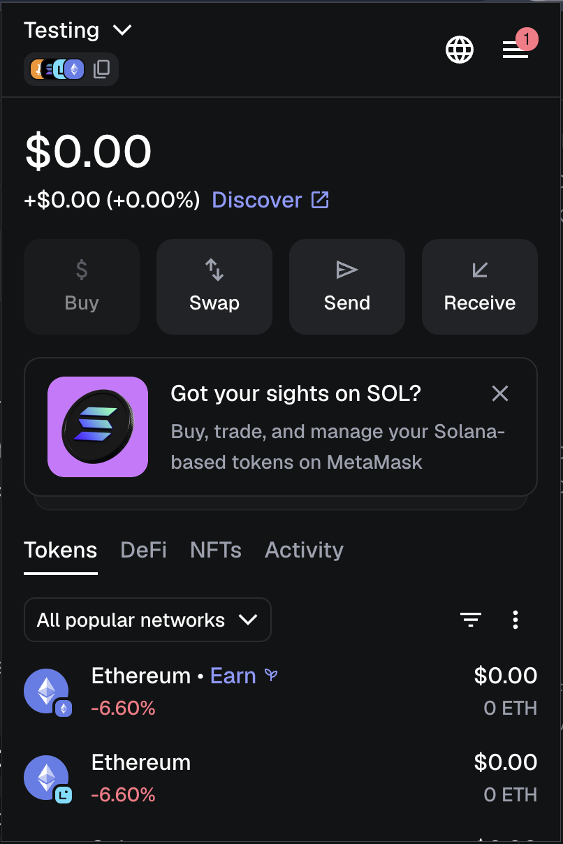 MetaMask home screen showing account balance