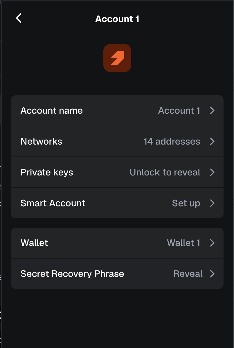 Account details page with Show private key button