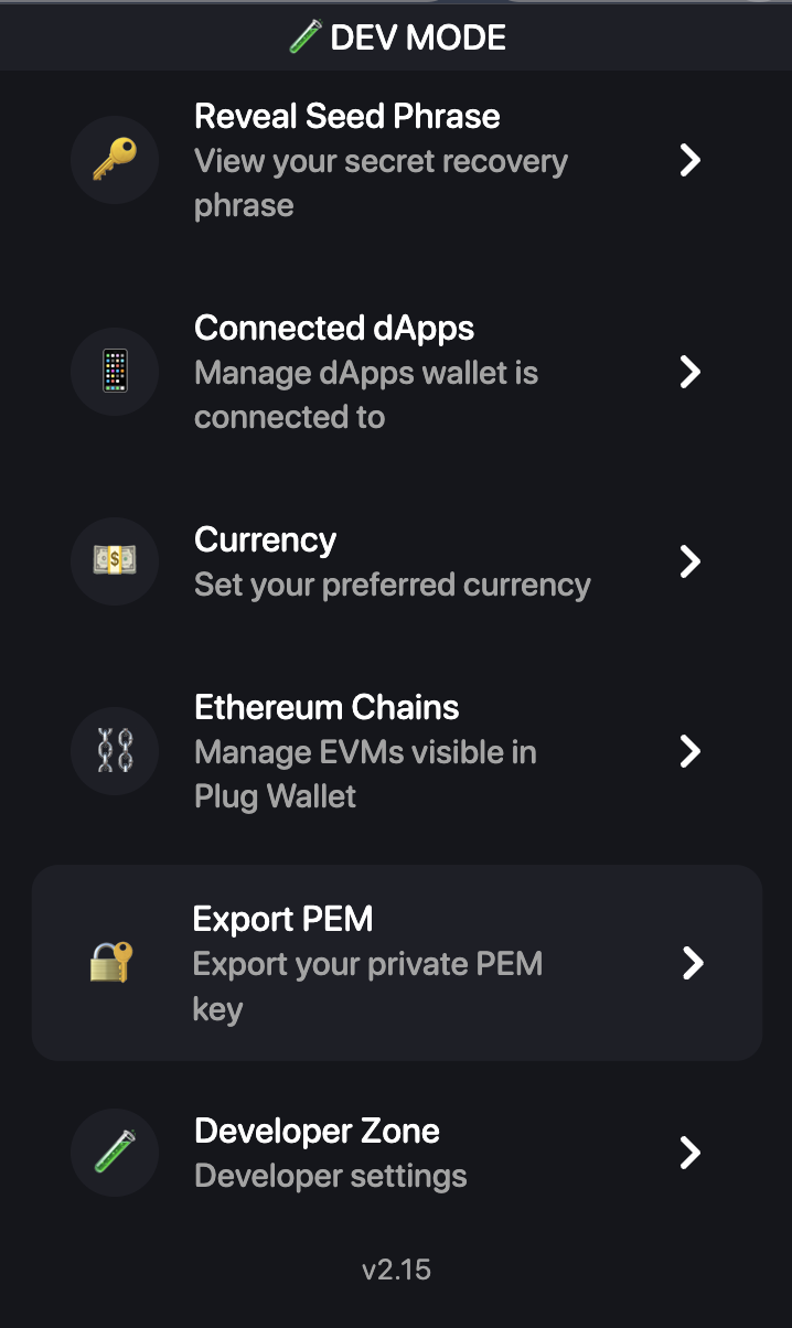 Settings page with Export PEM button highlighted