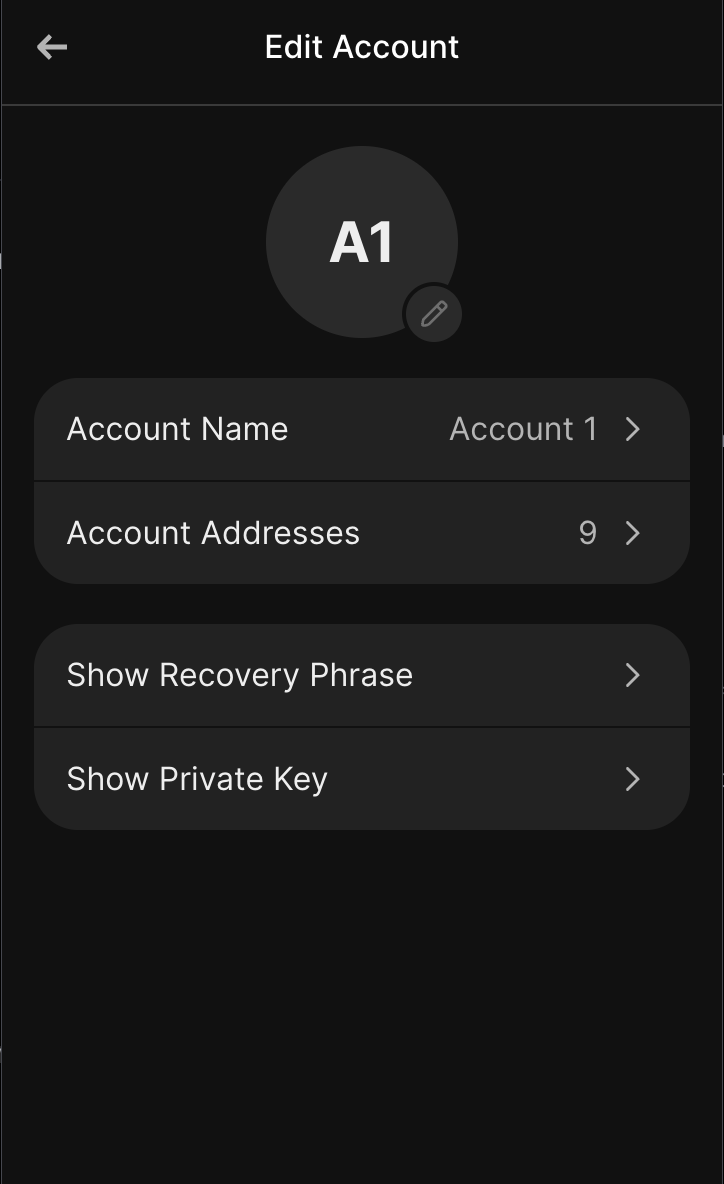 Edit Account screen showing Show Private Key option